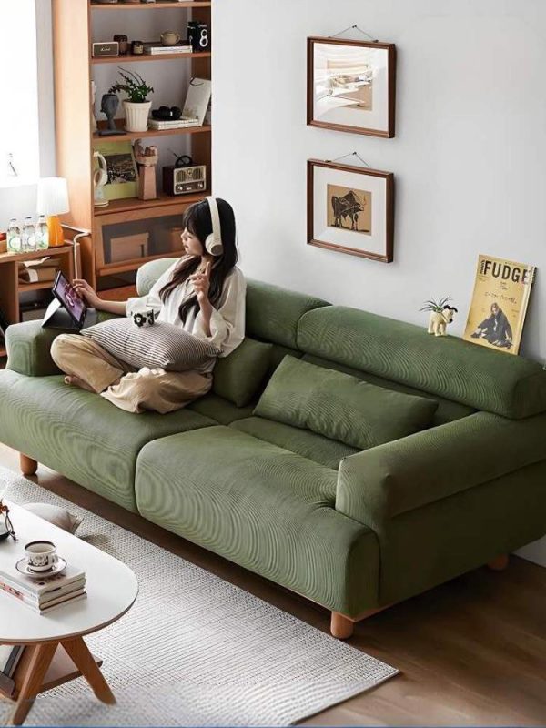 燈芯絨布藝沙發｜實木客廳｜綠色復古小戶型｜原木風三人位沙發